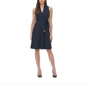 TOMMY HILFIGER Womens Navy Belted Sleeveless Above The Knee Fit & Flare Dress 4